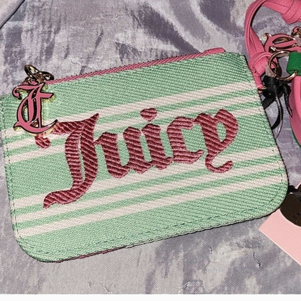 Juicy Couture Mint Green & Pink Stripe Wristlet with Strawberry Charm - Picture 7 of 11